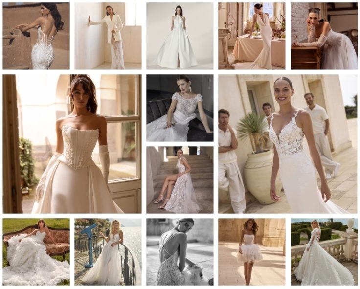 Collage di 14 immagini raffiguranti abiti da sposa 2026 (1A)