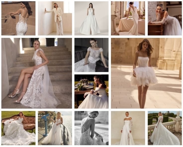 Collage di 14 immagini raffiguranti abiti da sposa 2026 (1B)