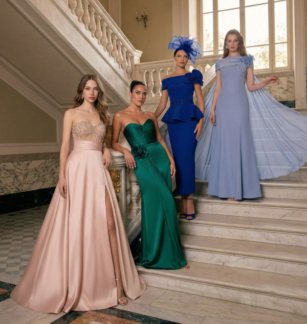 Quattro modelle indossano abiti di tendenza indicati per vestirsi per una cerimonia nel 2026